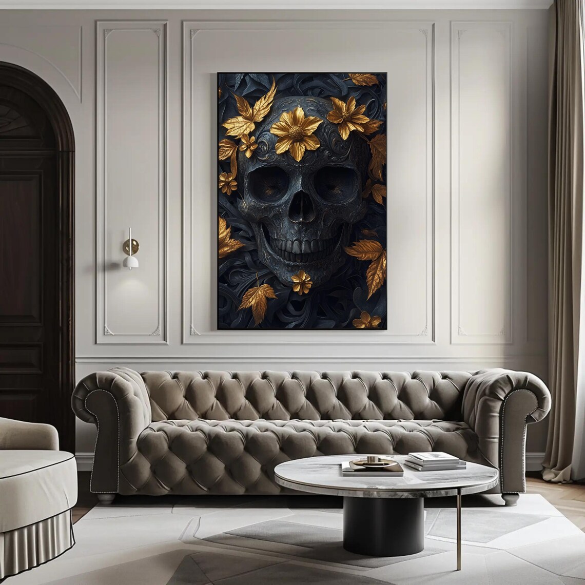 Black Carved Skull with Golden Leaves Dark Floral Gothic Poster - Image 3