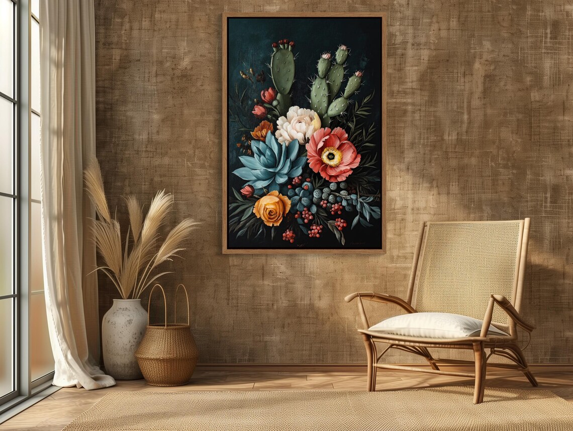 Cactus Roses And Poppies Bouquet Dark Botanical Still Life Poster - Image 4