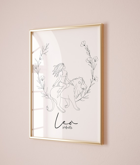 Leo Woman Zodiac Sign Line Art with Lion Floral Astrology Poster