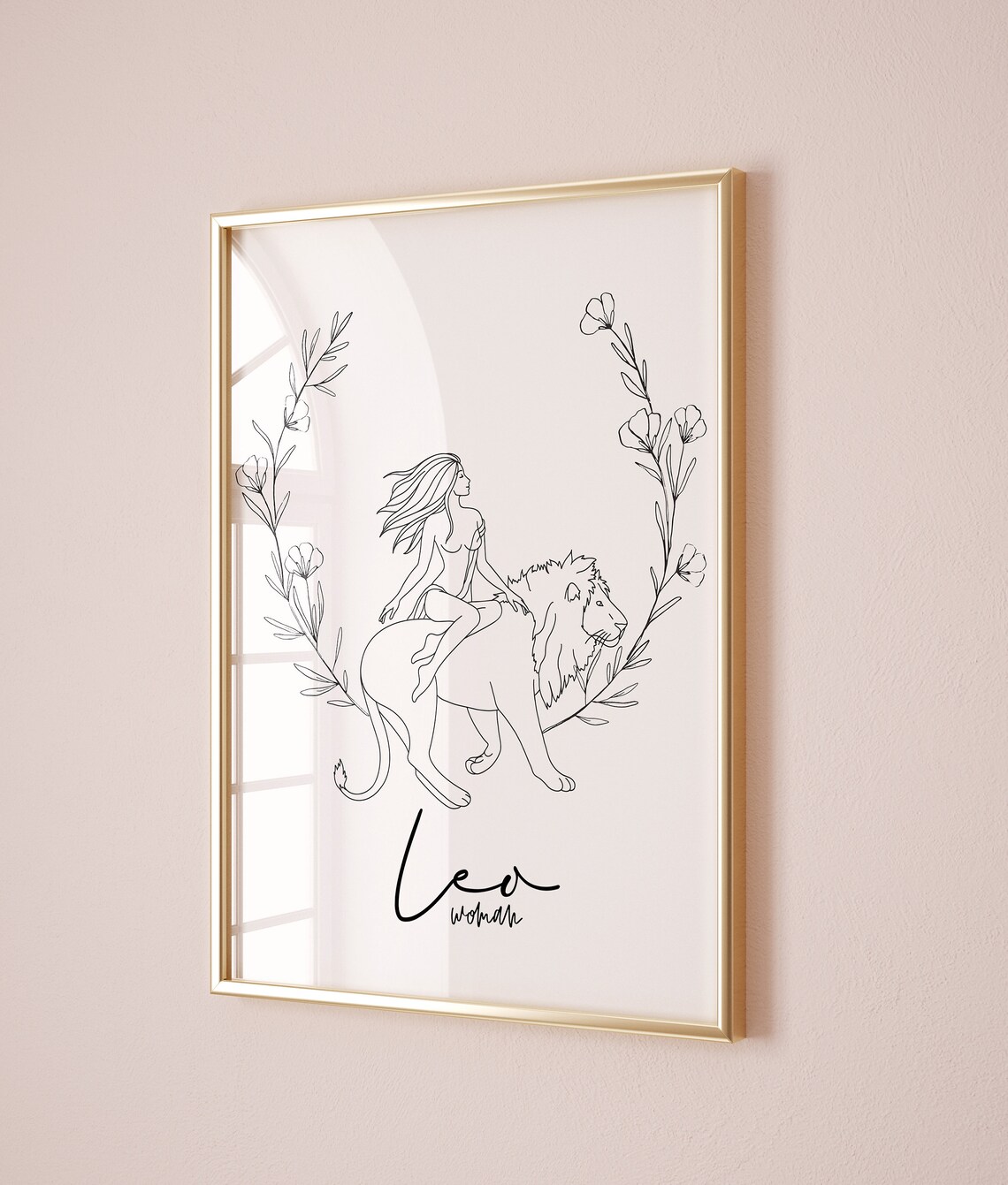 Leo Woman Zodiac Sign Line Art with Lion Floral Astrology Poster