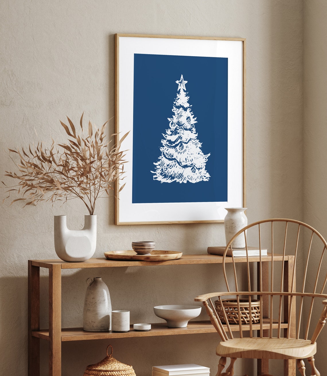 Navy Blue Christmas Tree White Sketch Star Holiday Wall Poster - Image 2