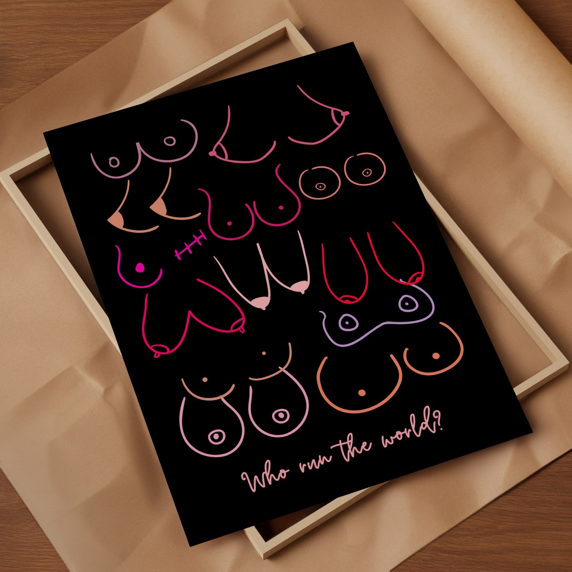 Who Run the World Feminist Neon Boob Line Art Black Art Poster