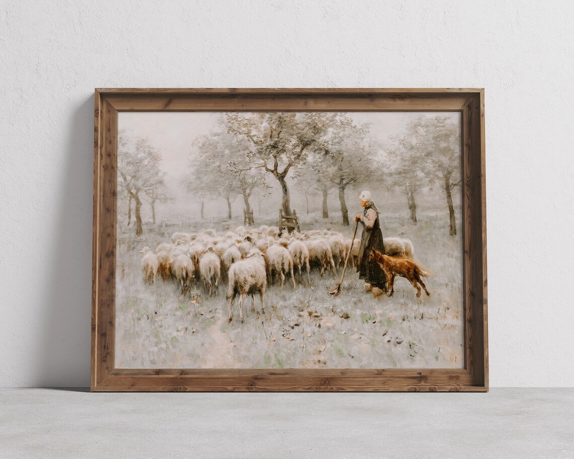 Vintage Shepherdess Herding Sheep with Dog Farm Painting Poster
