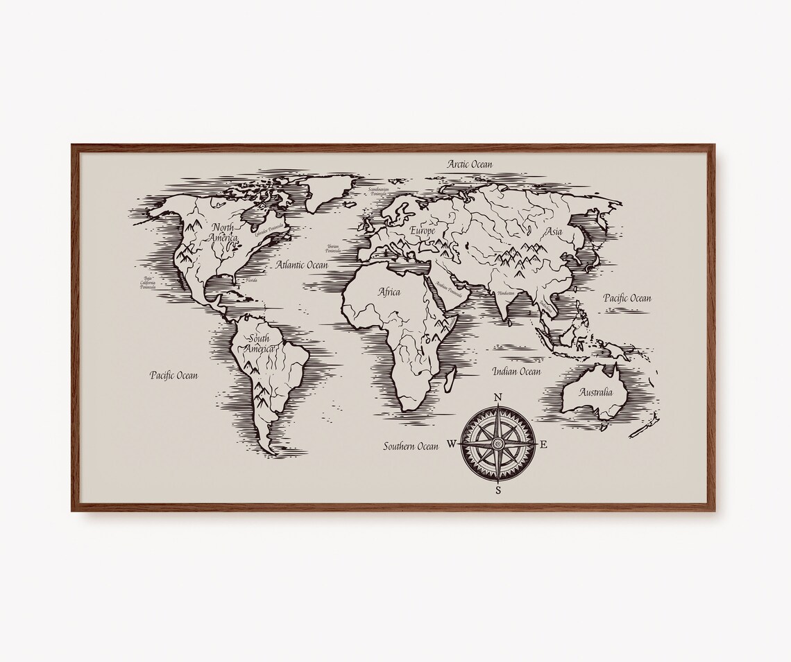 Vintage Engraved World Map Sketch with Compass Rose Art Poster