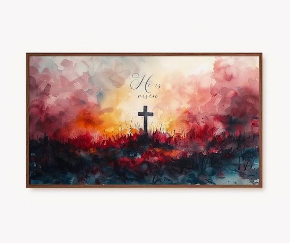 He Is Risen Watercolor Cross Easter Sunrise Christian Poster