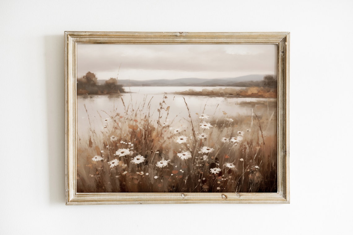 Muted Fall Wildflower Field Lakeside Landscape Art Print Decor