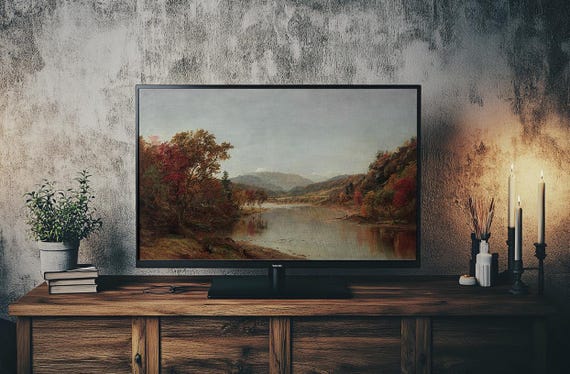 Frame Tv Art Vintage Landscape Painting Moody Autumn Mountain Lake Trending Antique Country Artfall Decor