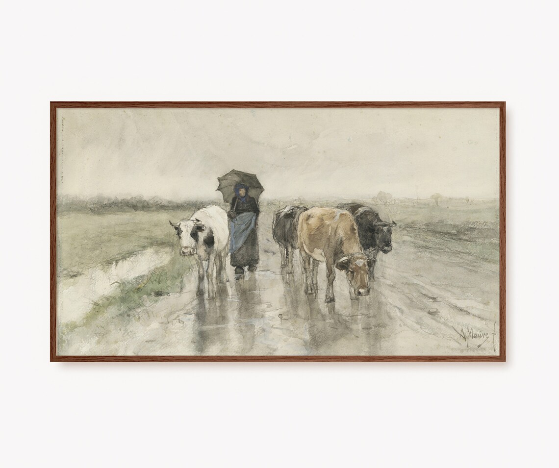 Vintage Woman with Umbrella Leading Cows on Rainy Road Art Poster