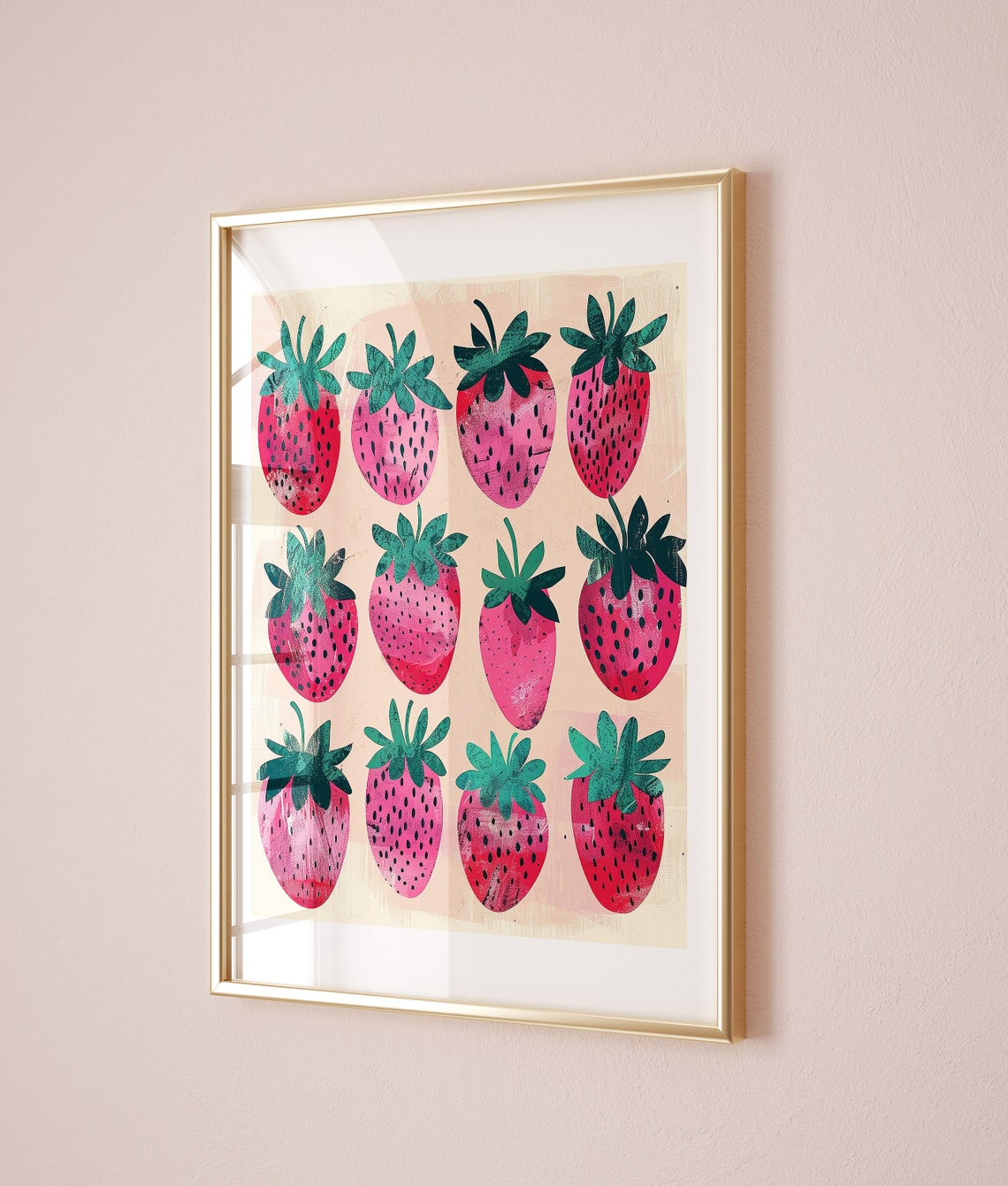 Twelve Pink Strawberry Pattern Trendy Kitchen Fruit Art Poster