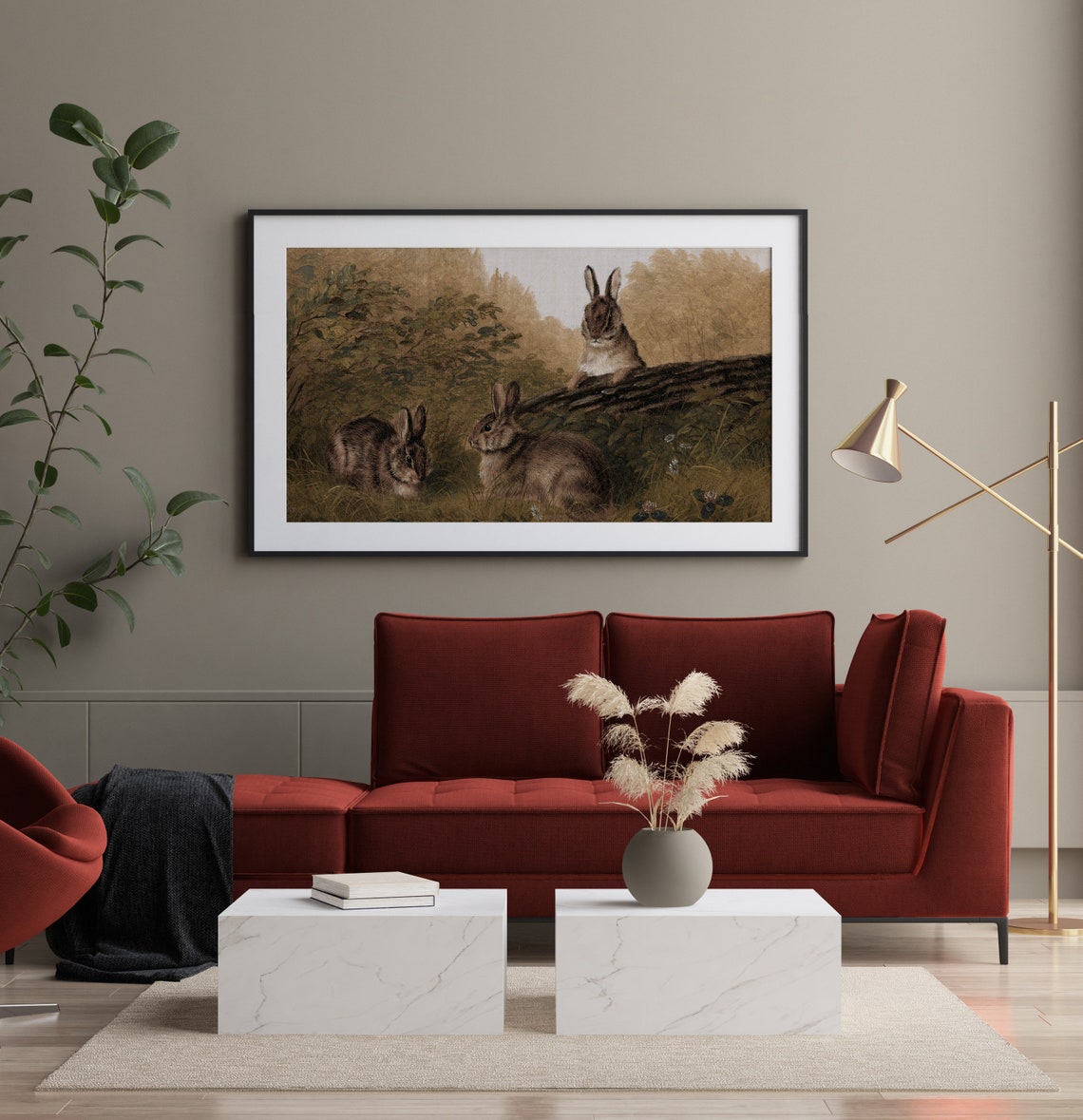 Three Woodland Rabbits Vintage Forest Wildlife Painting Poster - Image 3