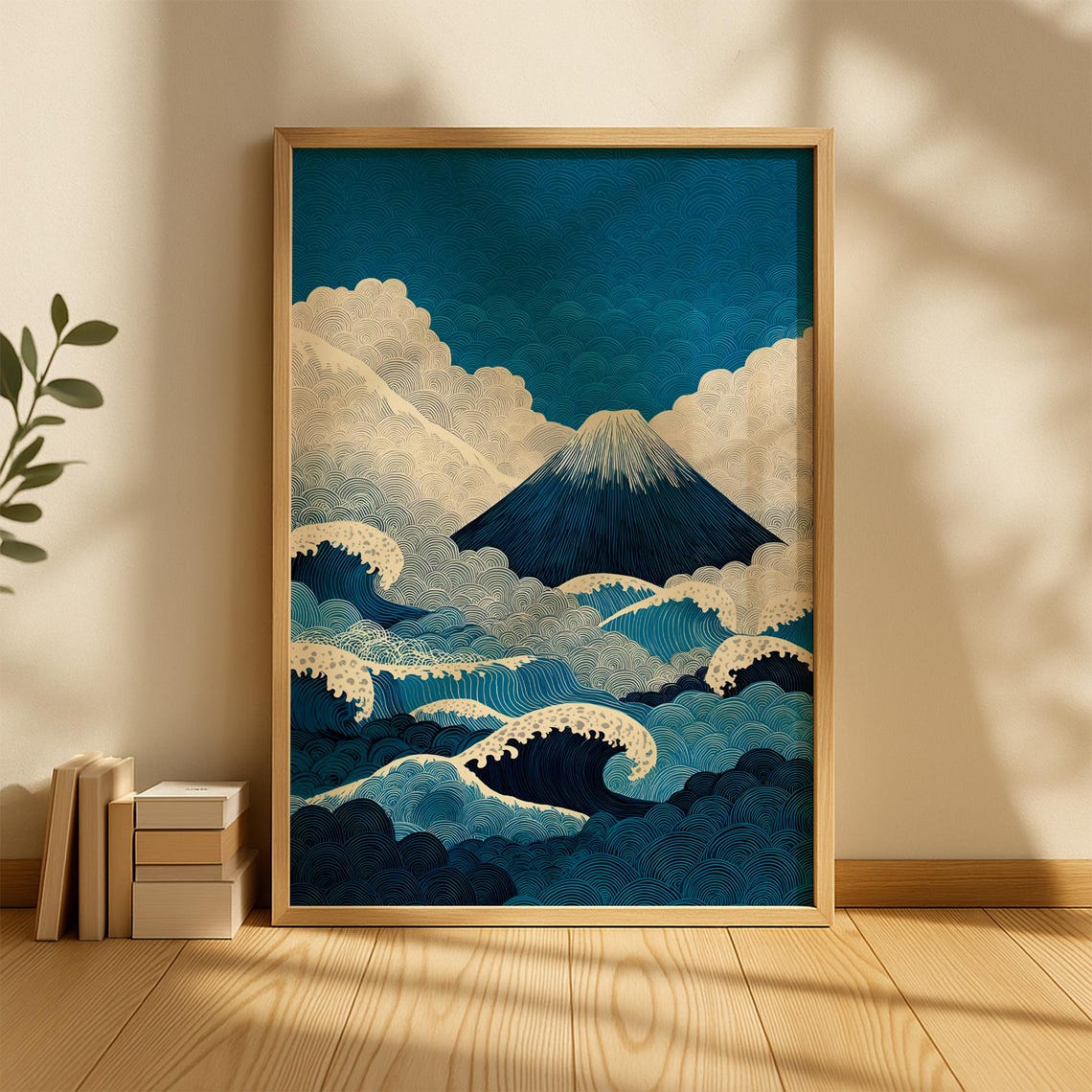 Mount Fuji Rising Above Ocean Waves Patterned Blue Sky Poster