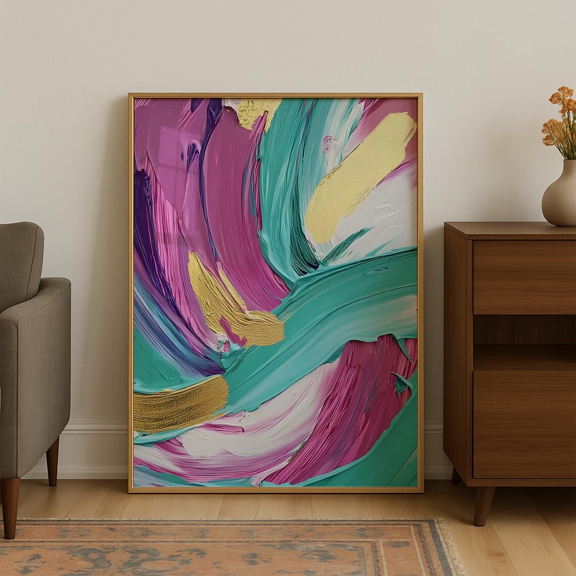 Swirled Magenta Teal And Gold Abstract Art Painting Style Poster