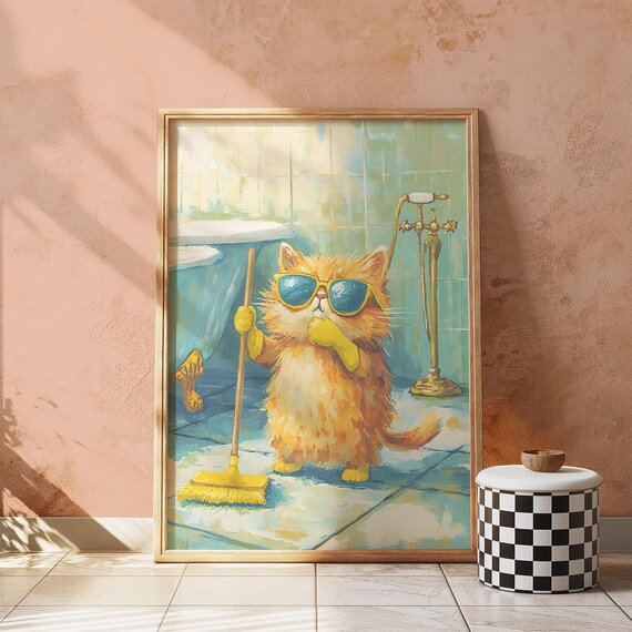 Funny Orange Cat in Sunglasses Mopping Bathroom Floor Poster