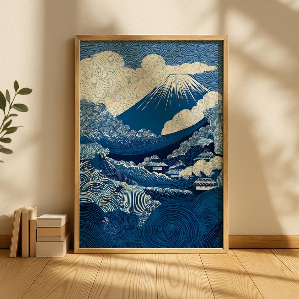 Mount Fuji with Great Waves and Village Rooftops Japanese Poster