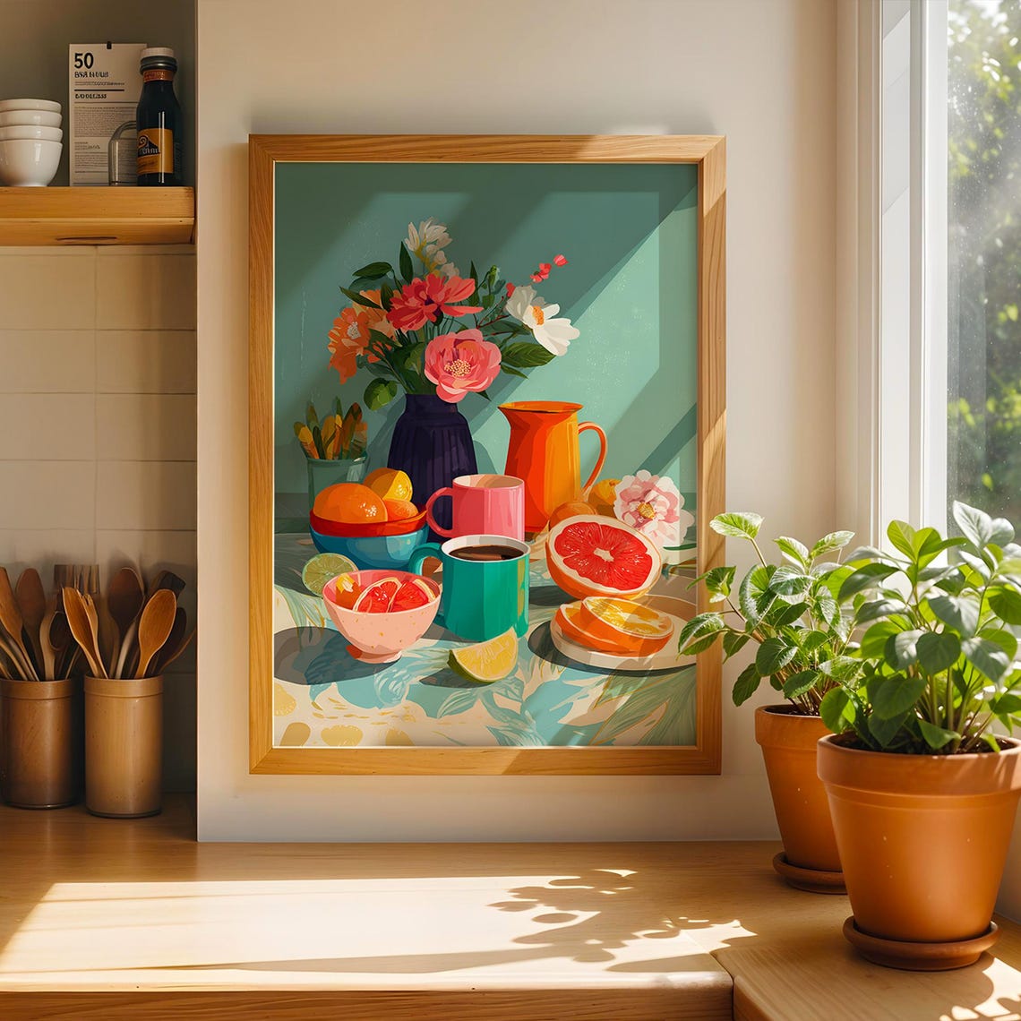 Colorful Citrus Fruit and Coffee Cups Kitchen Still Life Poster