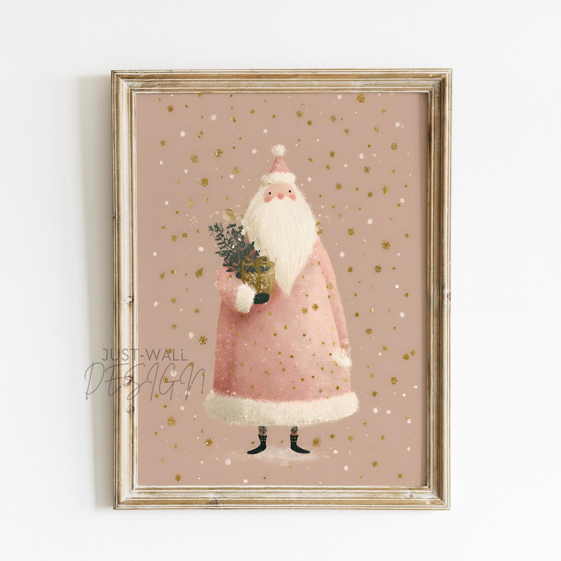 Pink Santa Claus Elegant Vintage Gold Christmas Holiday Poster