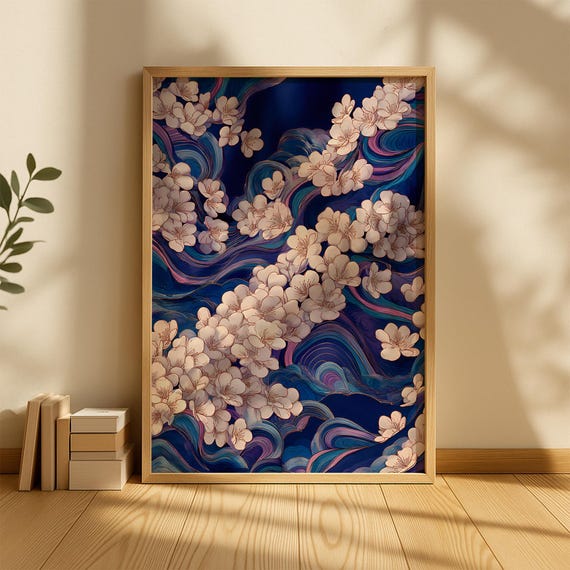 Cherry Blossoms Drifting Over Deep Blue Swirling Water Poster