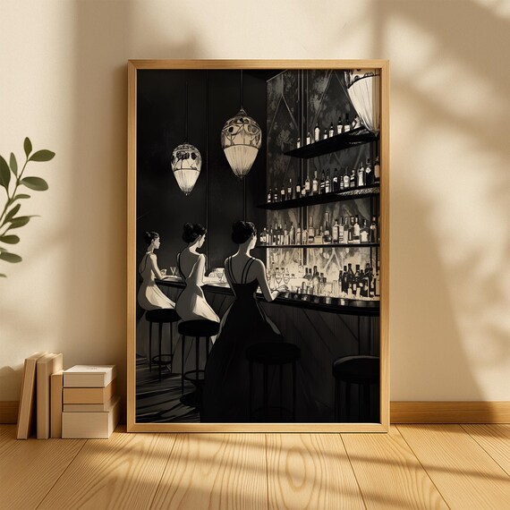 Three Elegant Women at a Cocktail Bar Black and White Art Poster