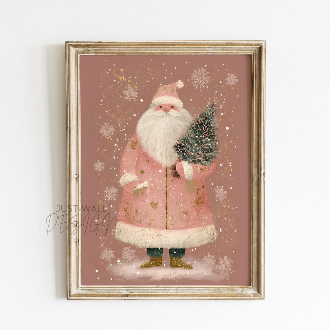 Pink Santa Christmas Holiday Cozy Winter Vintage Decorative Poster