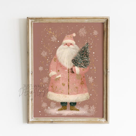 Pink Santa Christmas Holiday Cozy Winter Vintage Decorative Poster