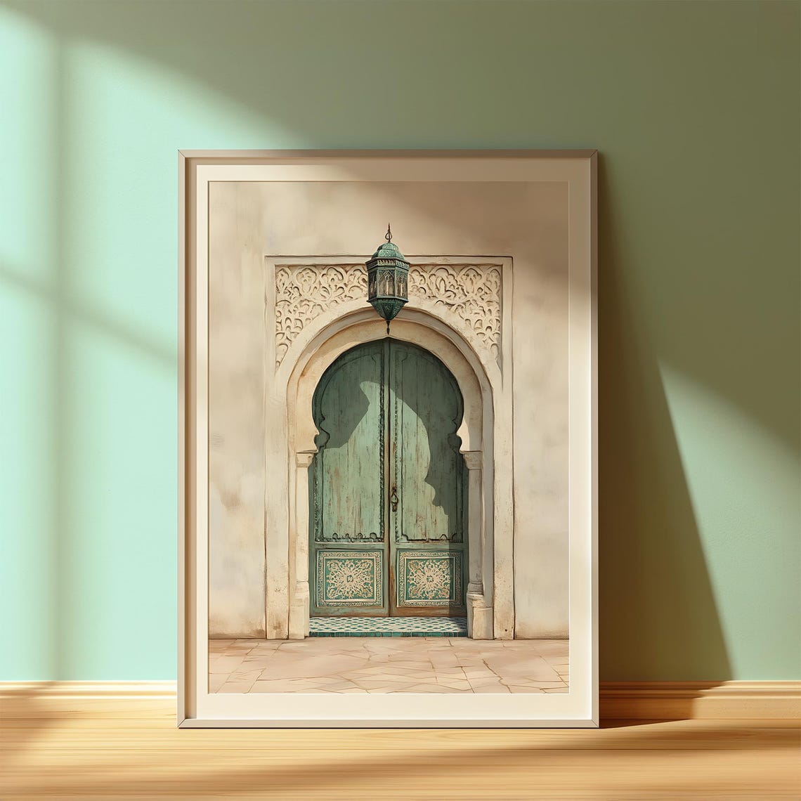 Moroccan Teal Door With Hanging Lantern In Carved Stone Arch Poster