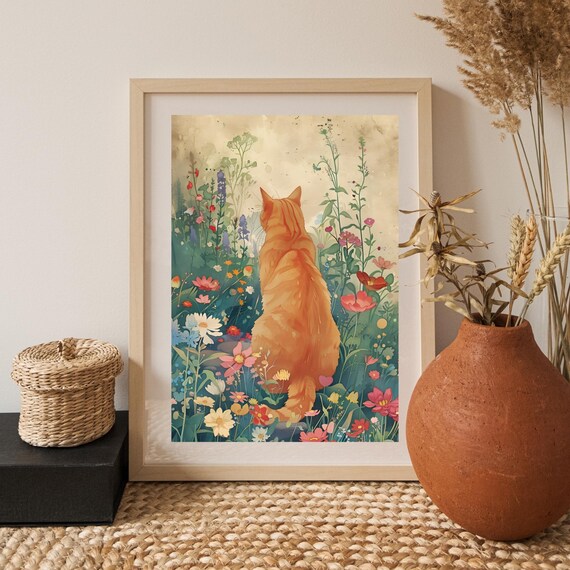 Orange Cat From Behind Sitting in a Watercolor Wildflower Garden Poster