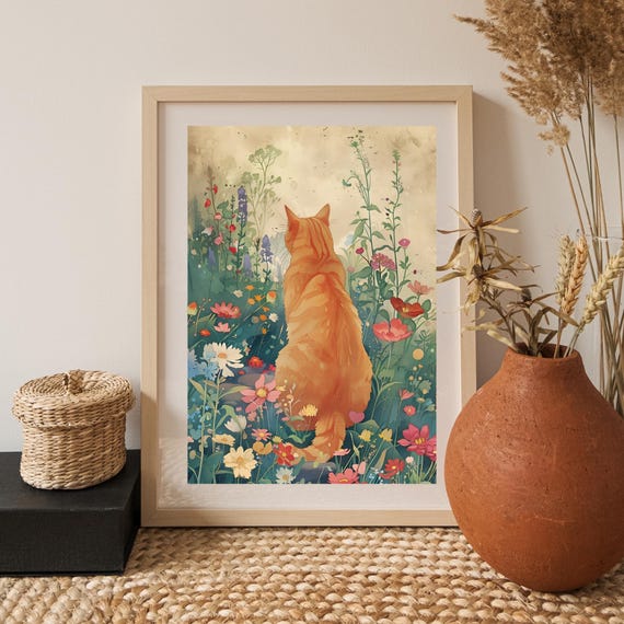 Yellow Cat Wall Art Print Colorful Boho Animal Decor Botanical Floral Illustration Natureinspired For Lovers Home