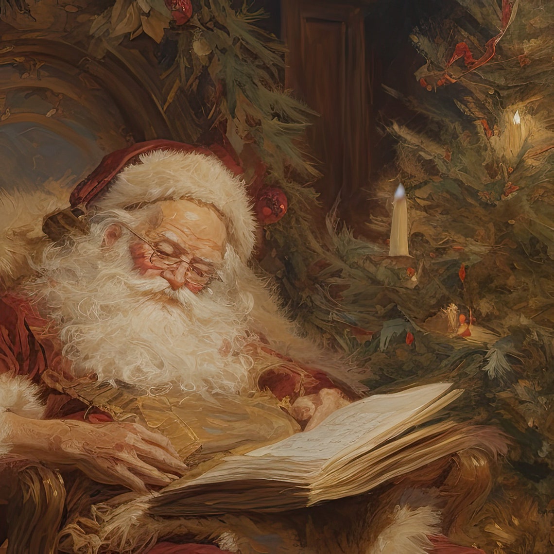 Moody Vintage Santa Claus Reading By A Candlelit Christmas Tree Poster - Image 2