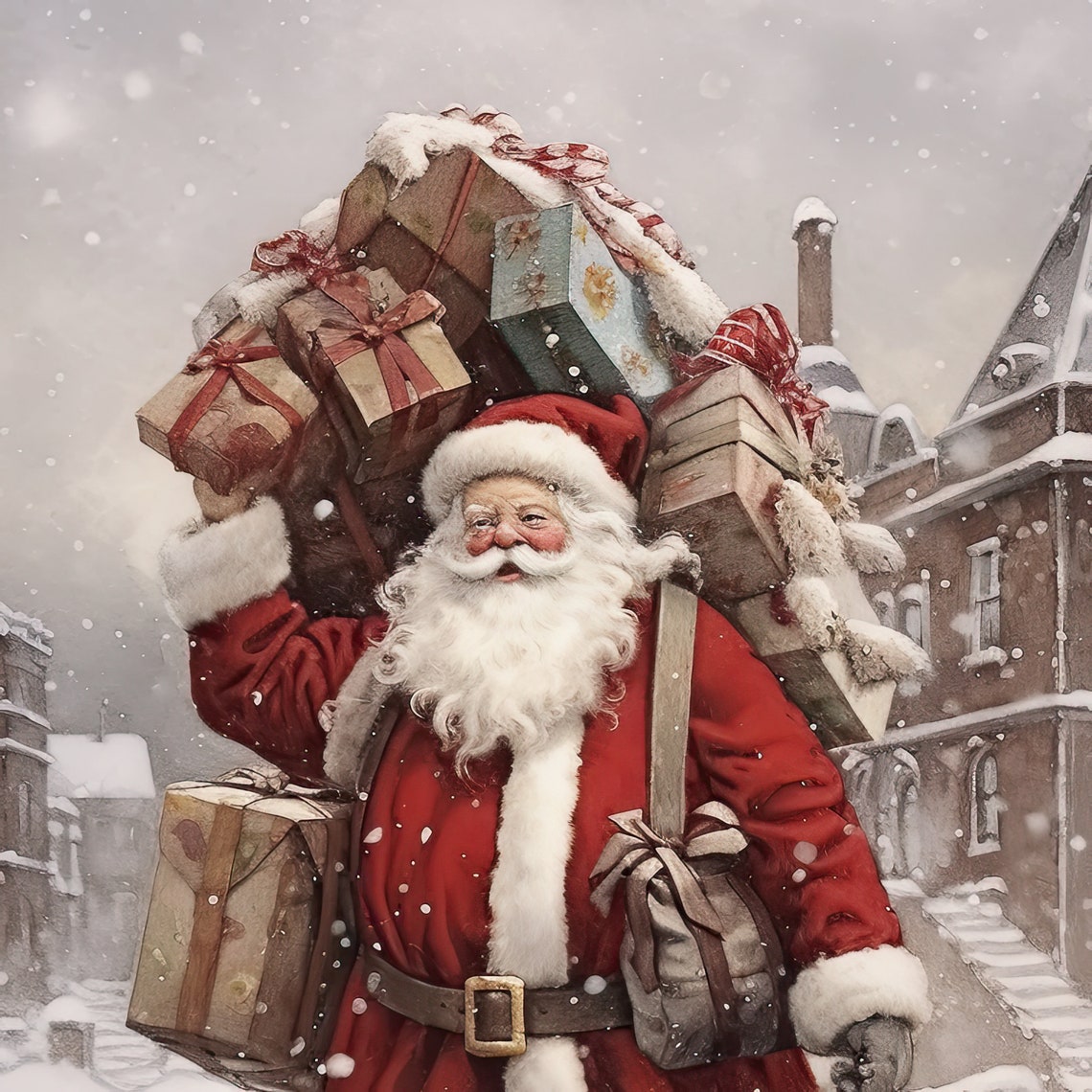 Santa Claus Carrying Gifts Through Snowy Old Town Winter Street Poster - Image 4
