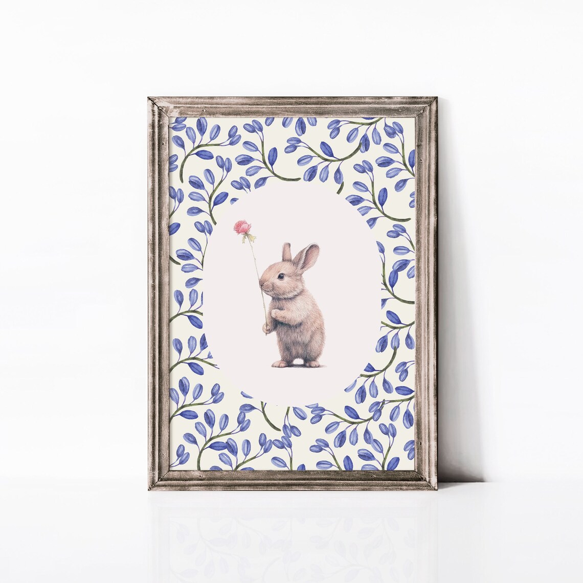 Bunny Holding Pink Rose Watercolor Blue Leaf Border Kids Room Art Poster - Image 2