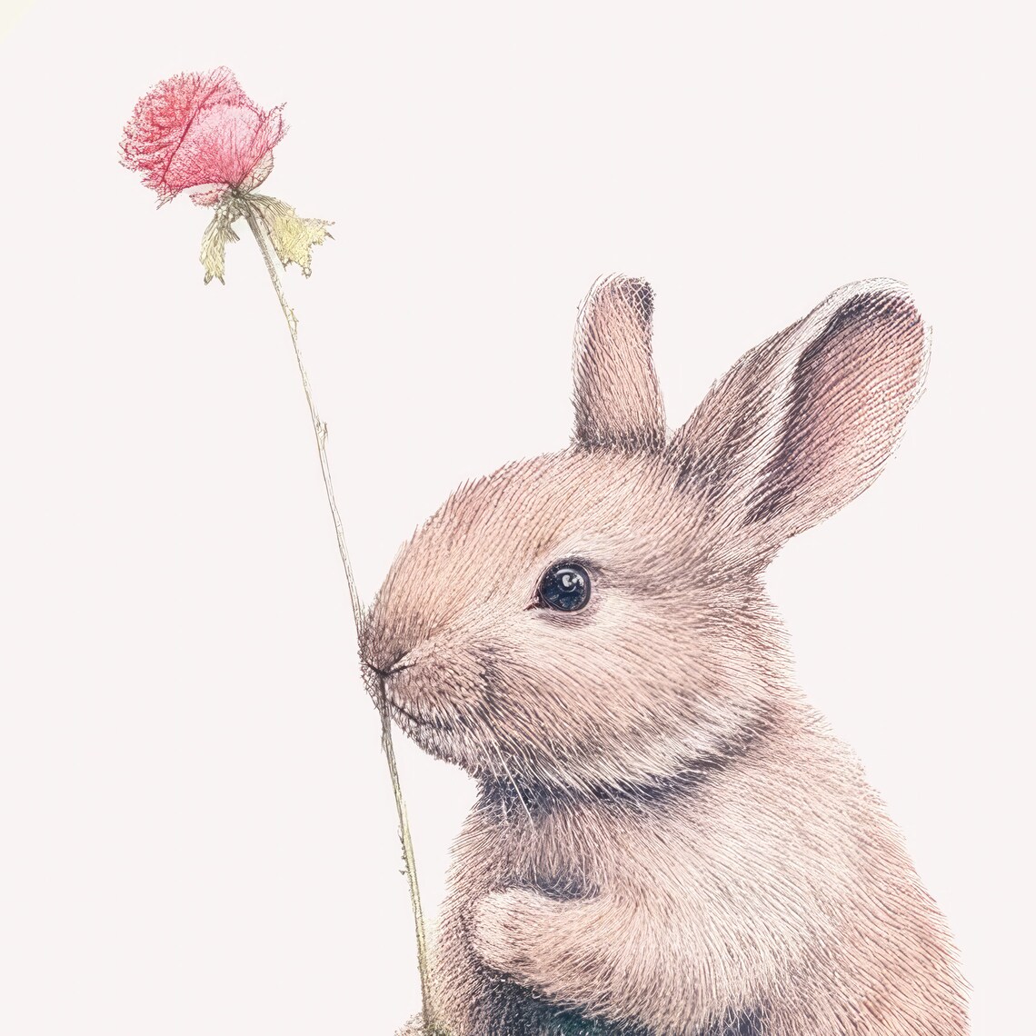 Bunny Holding Pink Rose Watercolor Blue Leaf Border Kids Room Art Poster - Image 4