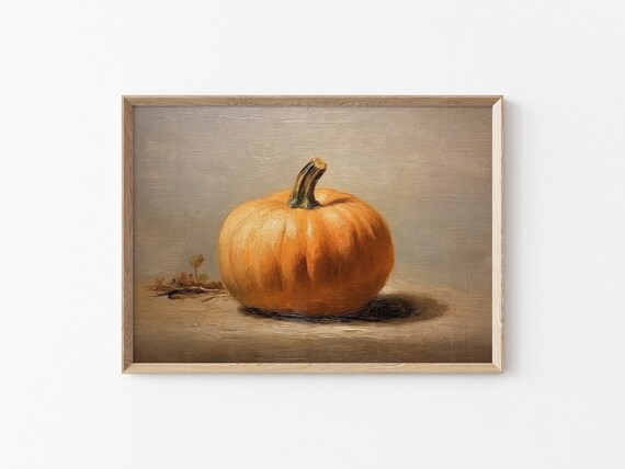 Single Orange Pumpkin On Neutral Background Rustic Fall Still Life Poster