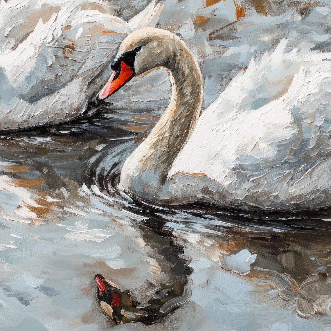 Vintage White Swans Painting Lake House Wall Decor Vintage Animal Print Country House Wall Decor Painting Lake Animals Print - Image 4