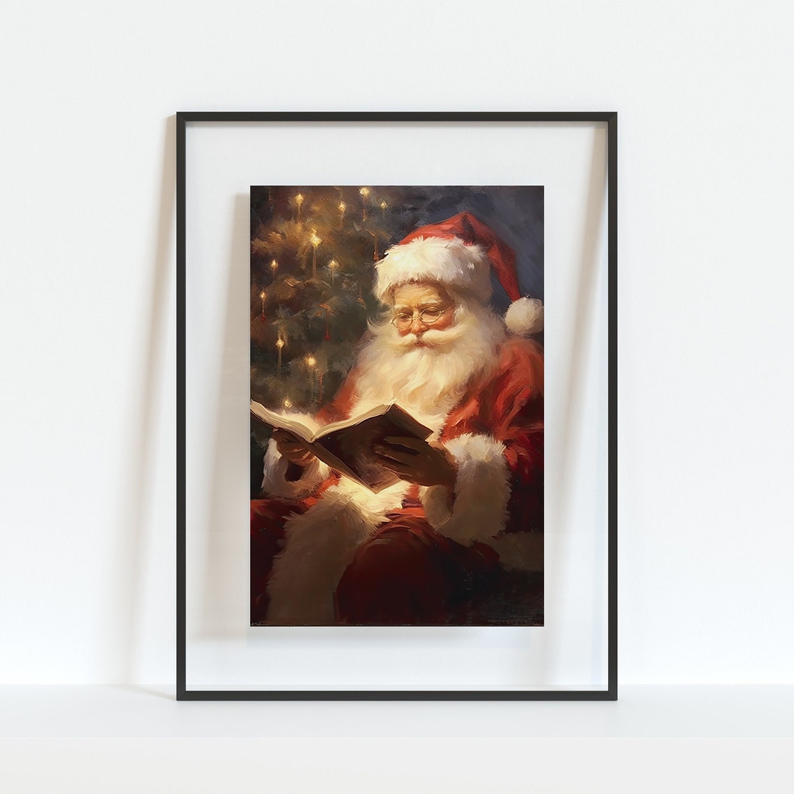 Vintage Painting Of Santa Claus Reading A Book Under Christmas Tree Cozy Christmas Wall Art Winter Holiday Print Holiday Season - Image 4