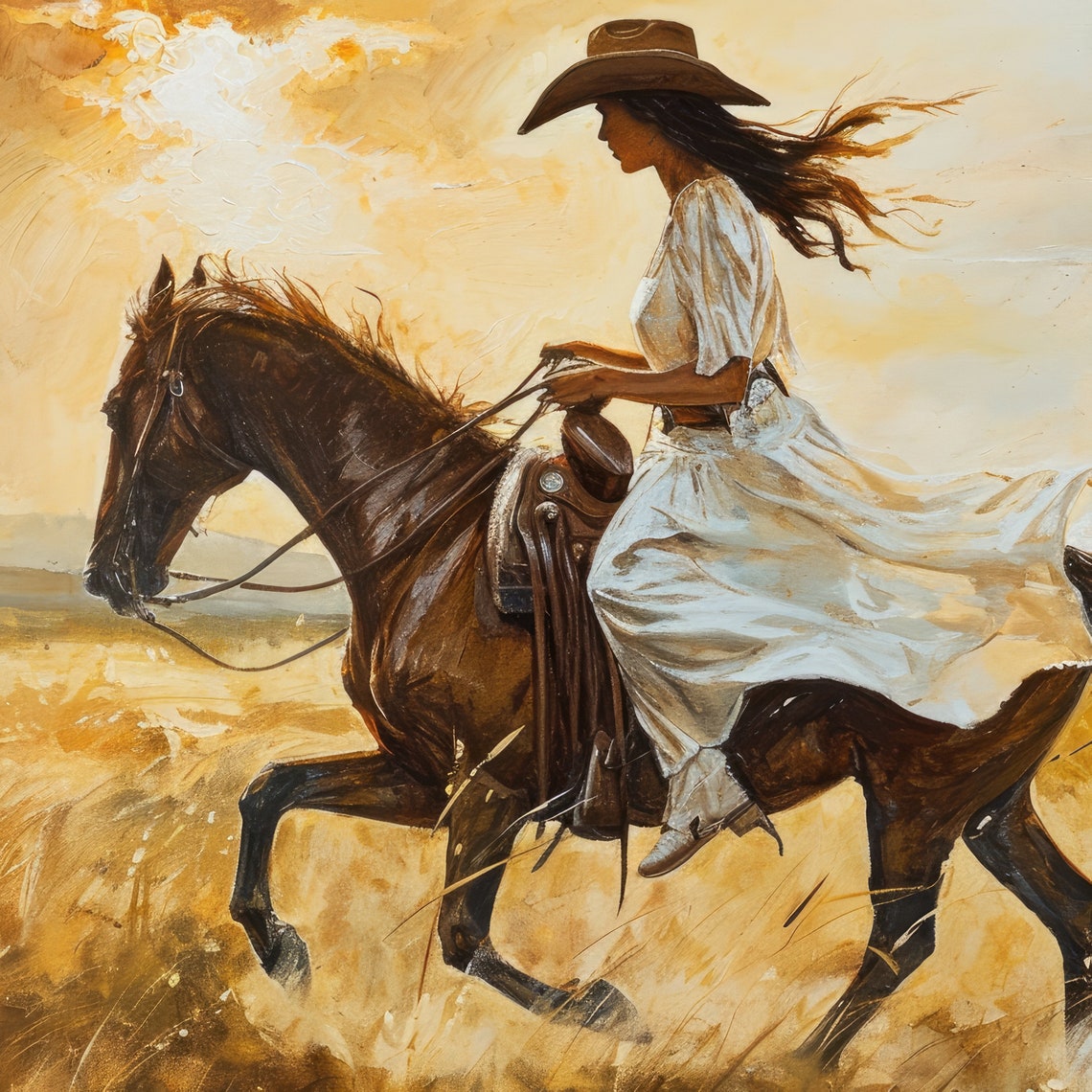 Cowgirl Riding Her Horse Painting Rustic Southwestern Art Woman Feminine Wall Decor Western Animal Landscape America - Image 4