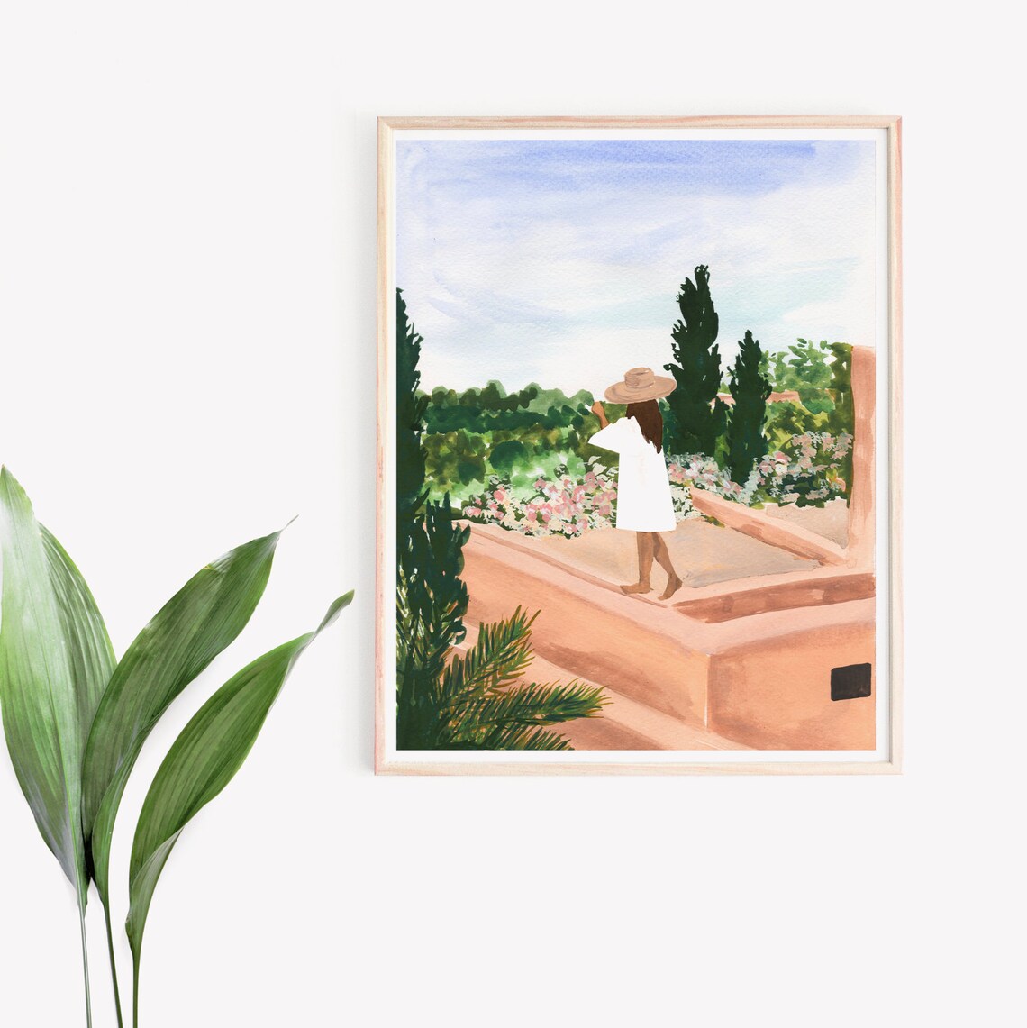Woman On Terracotta Terrace Morocco Garden View Watercolor Travel Poster - Image 3