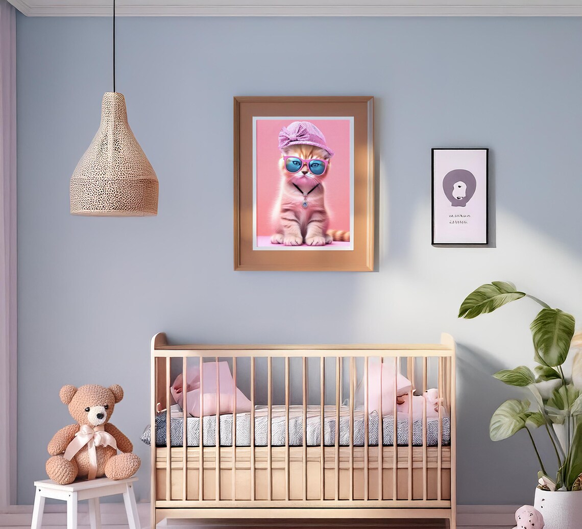 Fashionista Kitten in Pink Sunglasses Hat and Jewel Necklace Poster - Image 2