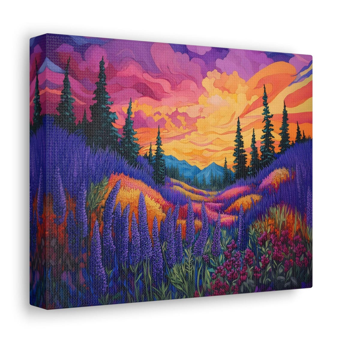 Vivid Lavender Hills at Sunset With Pines Under a Flaming Sky Poster - Image 2