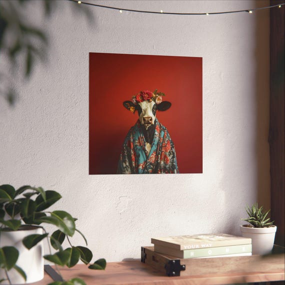 Maximalist Eclectic Fashionista Cow Poster Print Bold Altered Animal Portrait Fantasy Fun Colorful Flowery Rustic Vintage Floral Art