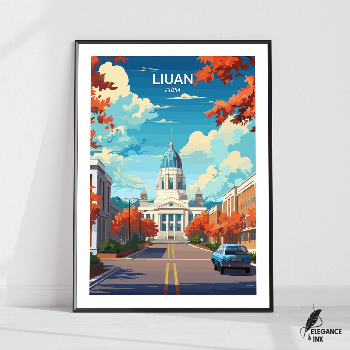 Liuan China Autumn Street Dome Landmark Vintage Travel Poster