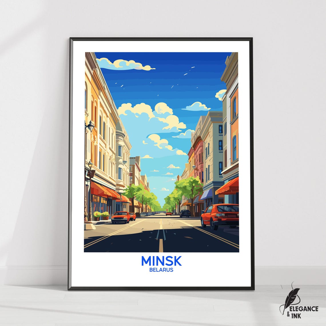 Minsk Belarus Sunny Old Town Street Retro Travel Style Poster