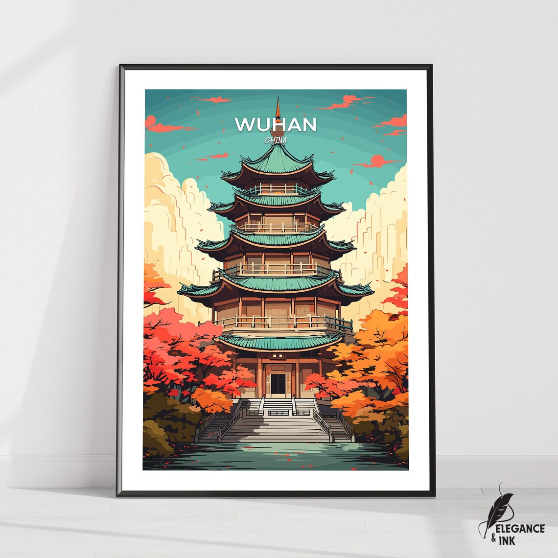 Wuhan China Yellow Crane Pagoda Autumn Foliage Travel Poster