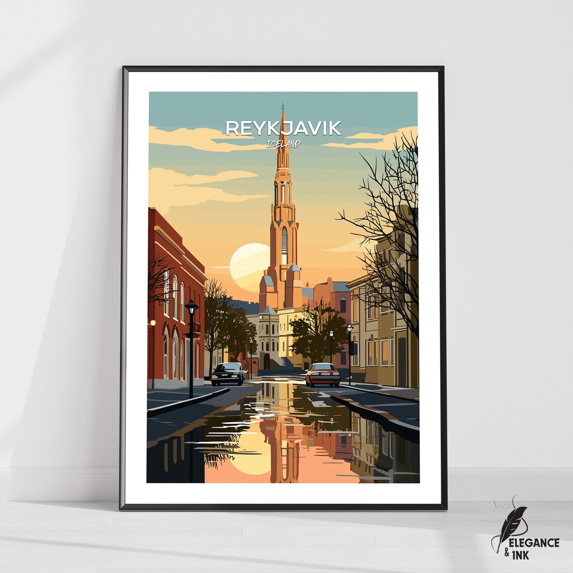 Reykjavik Iceland Golden Hour Church Spire Retro Travel Poster