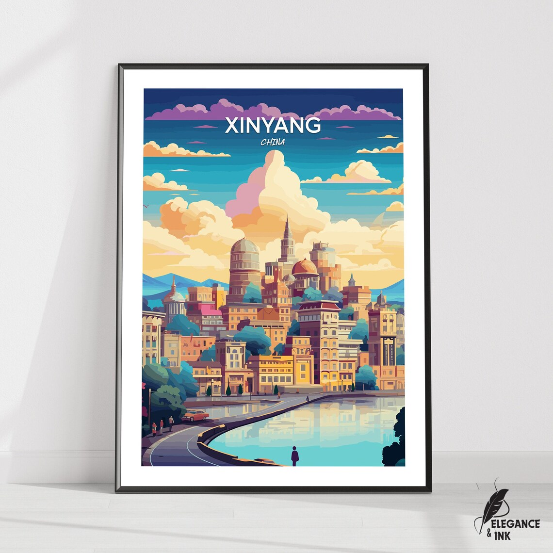 Xinyang China Dusk City Skyline Reflecting River Vintage Travel Poster
