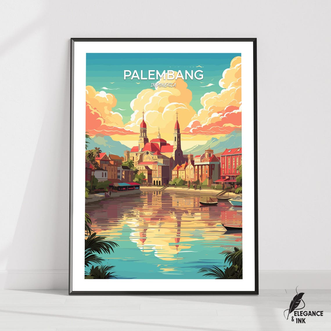 Palembang Indonesia Sunset Riverfront Retro Travel Illustration Poster