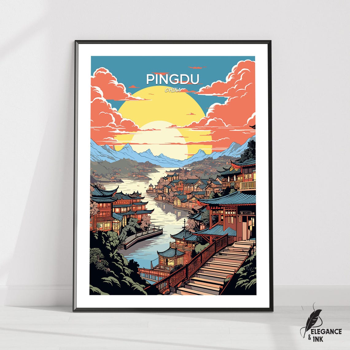 Pingdu China Golden Sunset Hillside Town Illustration Poster