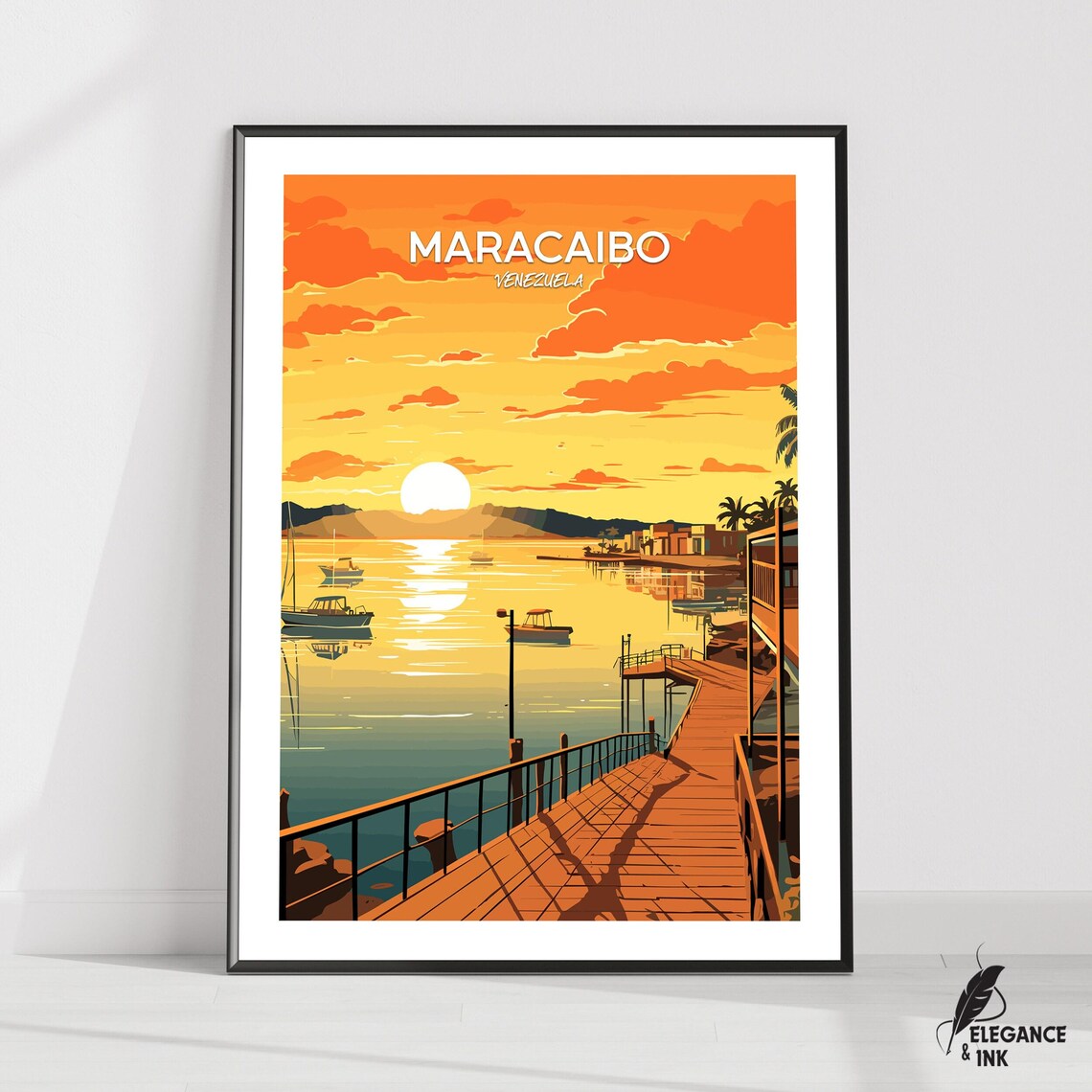 Maracaibo Venezuela Sunset Pier With Boats Vintage Travel Poster