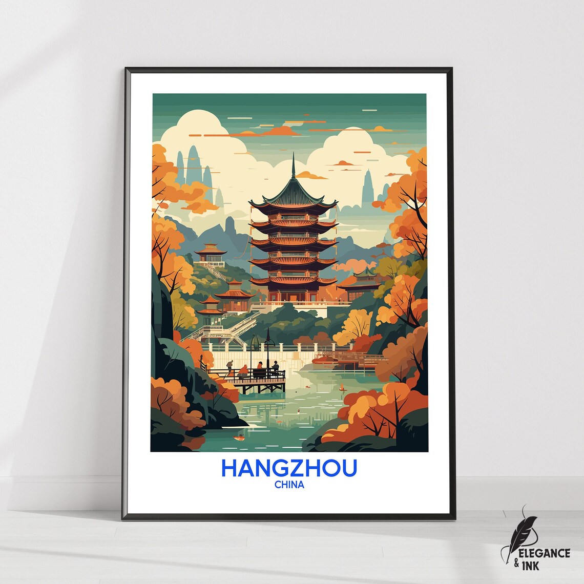 Hangzhou China Lakeside Pagoda Autumn Foliage Vintage Travel Poster