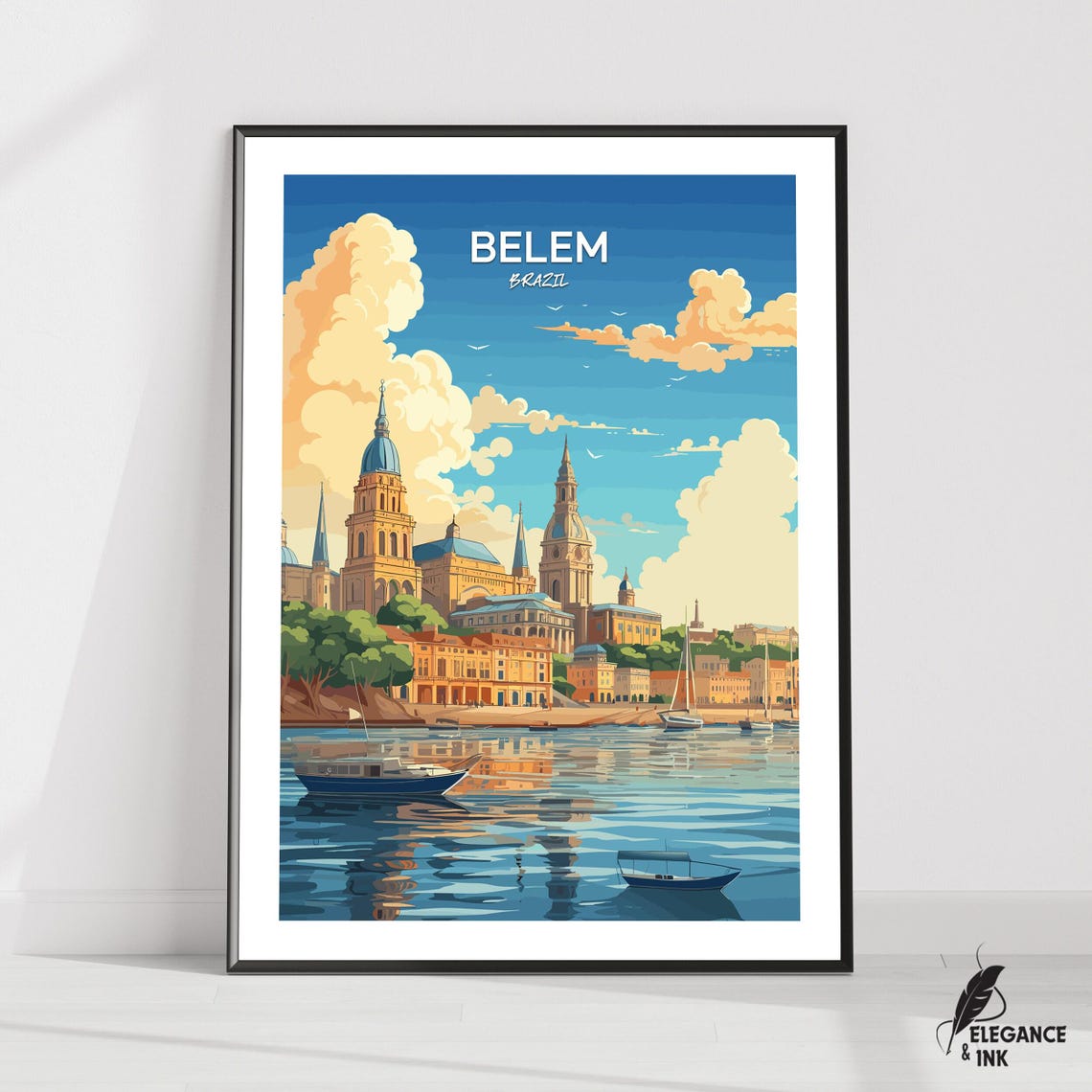 Belem Brazil Travel Poster Blue Domed Cathedral by the Water