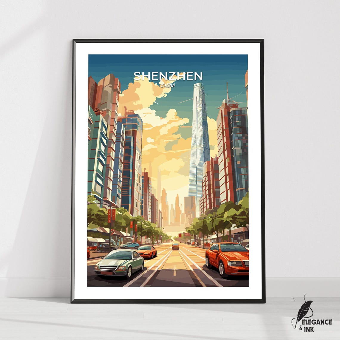 Shenzhen China Skyline Street Retro Travel Poster With Text Art